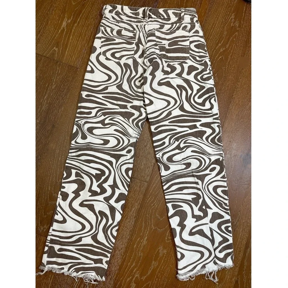SHEIN Brown White Psychedelic Swirl Hi Rise Straight Leg‎ Raw Hem Jeans Size S 4